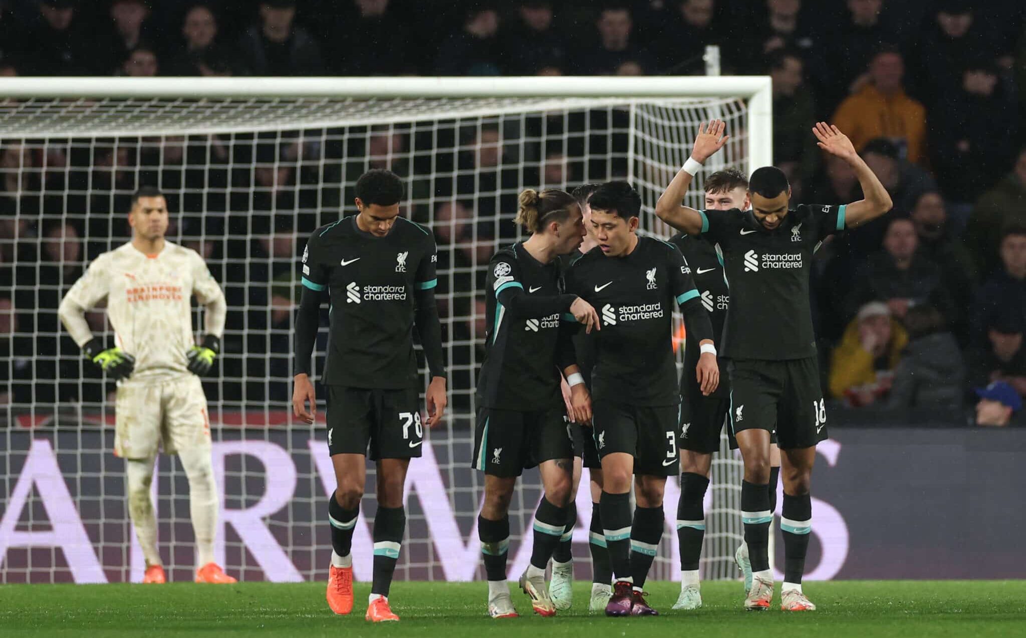Cody Gakpo of Liverpool celebrates scoring his team's first goal from the penalty spot during the UEFA Champions League 2024/25 League Phase MD8 match between PSV Eindhoven and Liverpool FC at PSV Stadion on January 29, 2025 in Eindhoven, Netherlands.