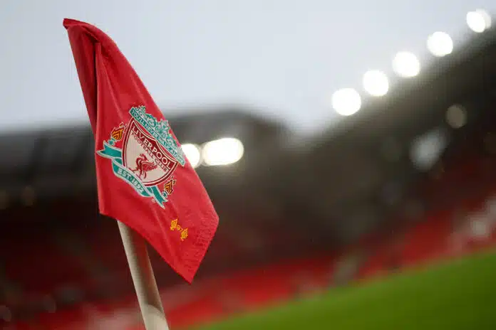 A Liverpool corner flag inside the stadium prior to the Premier League match between Liverpool FC and Manchester United FC at Anfield on January 05, 2025 in Liverpool, England.
