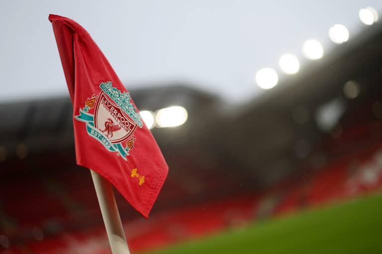 A Liverpool corner flag inside the stadium prior to the Premier League match between Liverpool FC and Manchester United FC at Anfield on January 05, 2025 in Liverpool, England.
