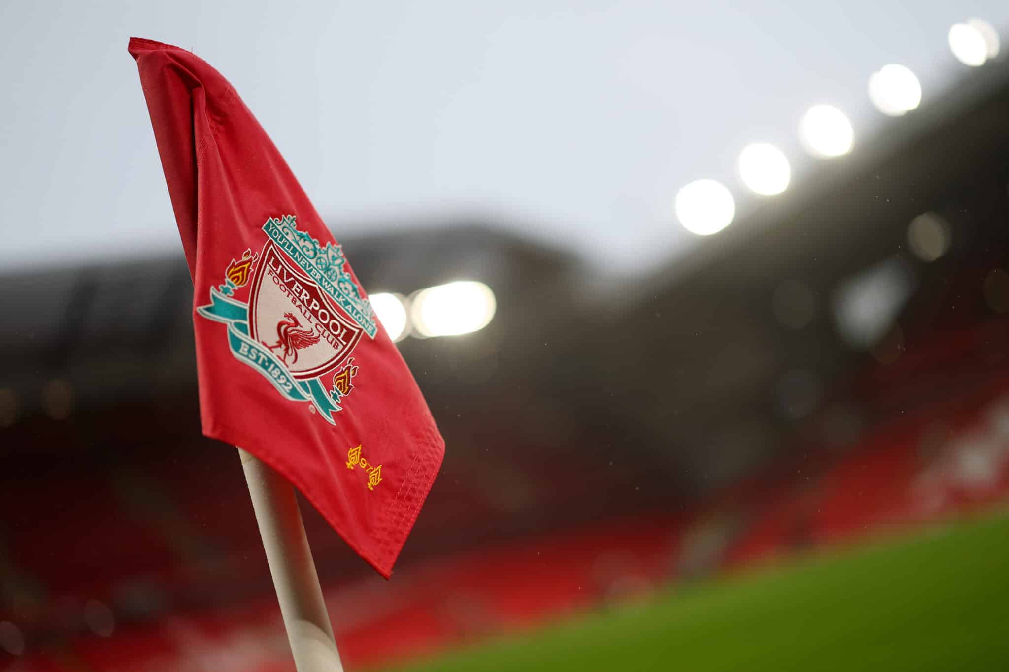A Liverpool corner flag inside the stadium prior to the Premier League match between Liverpool FC and Manchester United FC at Anfield on January 05, 2025 in Liverpool, England.