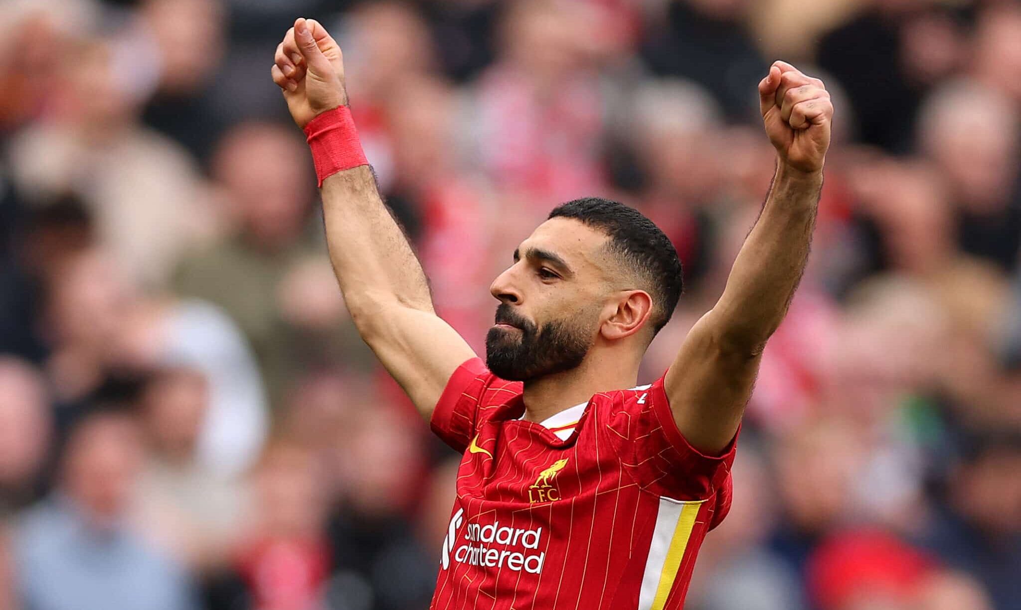 Mo Salah of Liverpool celebrates scoring his team's second goal during the Premier League match between Liverpool FC and Southampton FC at Anfield on March 08, 2025 in Liverpool, England.