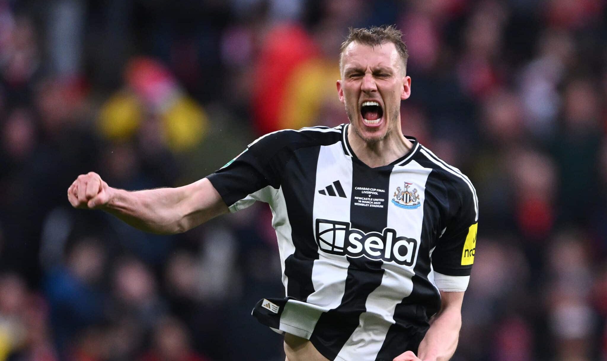 Dan Burn of Newcastle United celebrates scoring his team's first goal during the Carabao Cup Final between Liverpool and Newcastle United at Wembley Stadium on March 16, 2025 in London, England.
