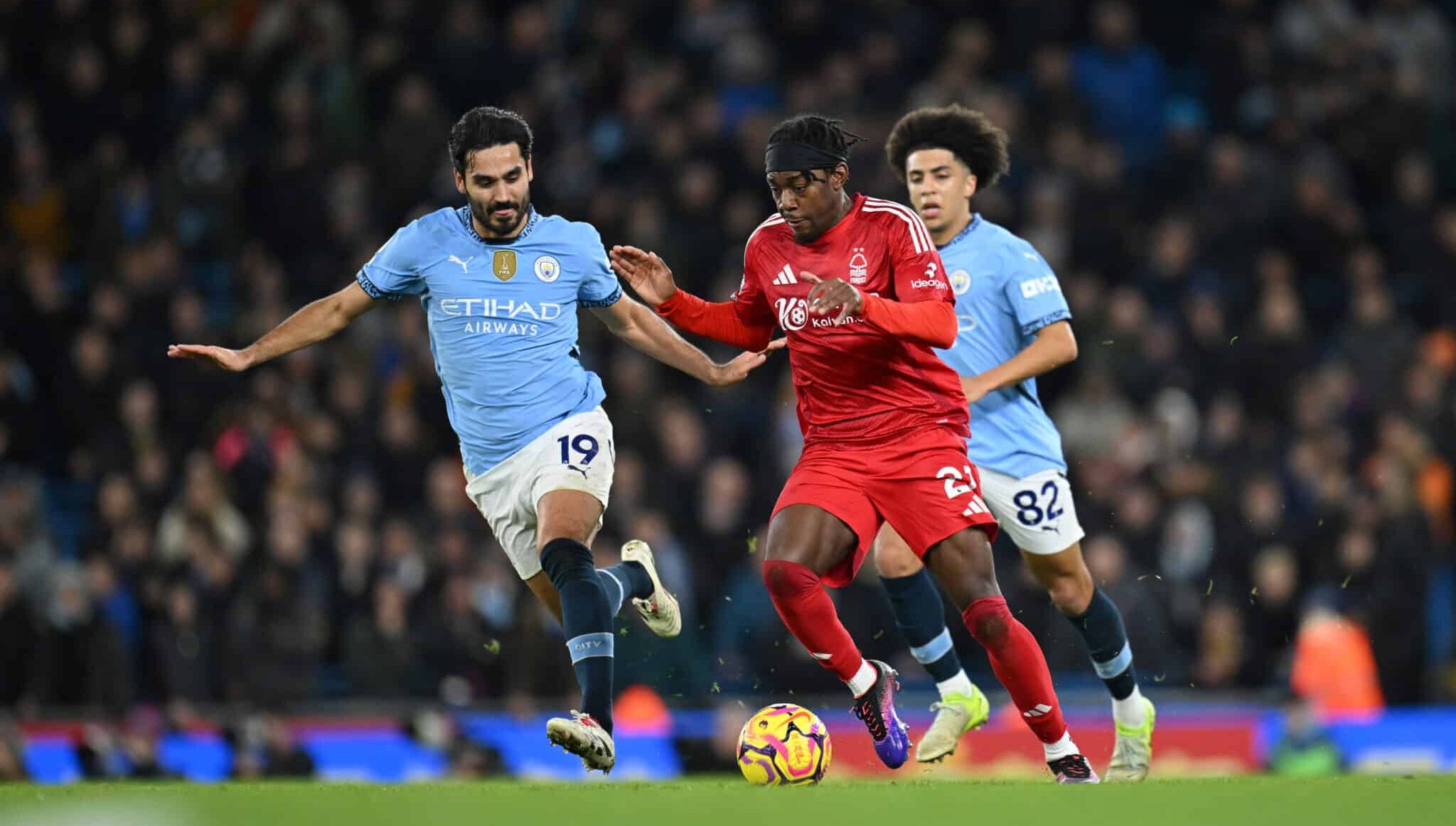 Nottingham Forest player Anthony Elanga in action with Ilkay Gundogan of Man City during the Premier League match between Manchester City FC and Nottingham Forest FC at Etihad Stadium on December 04, 2024 in Manchester, England.