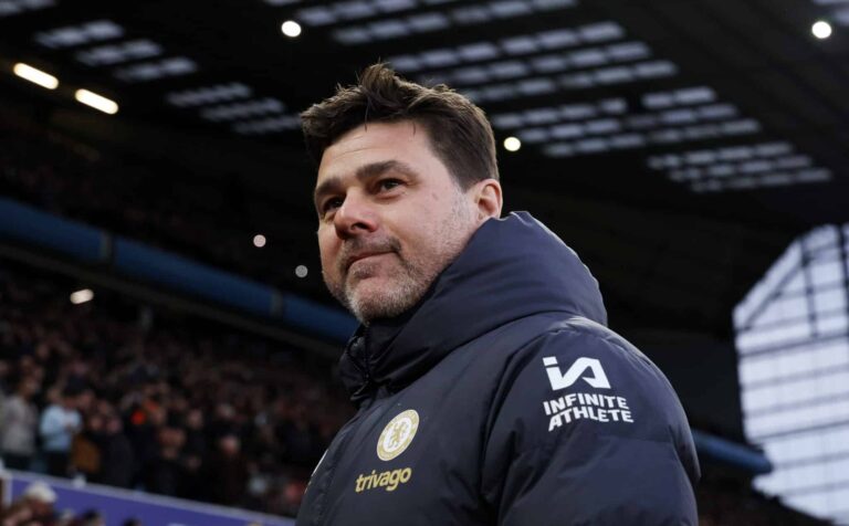Mauricio Pochettino, former manager of Chelsea, looks on prior to the Premier League match between Aston Villa and Chelsea FC at Villa Park on April 27, 2024 in Birmingham, England.