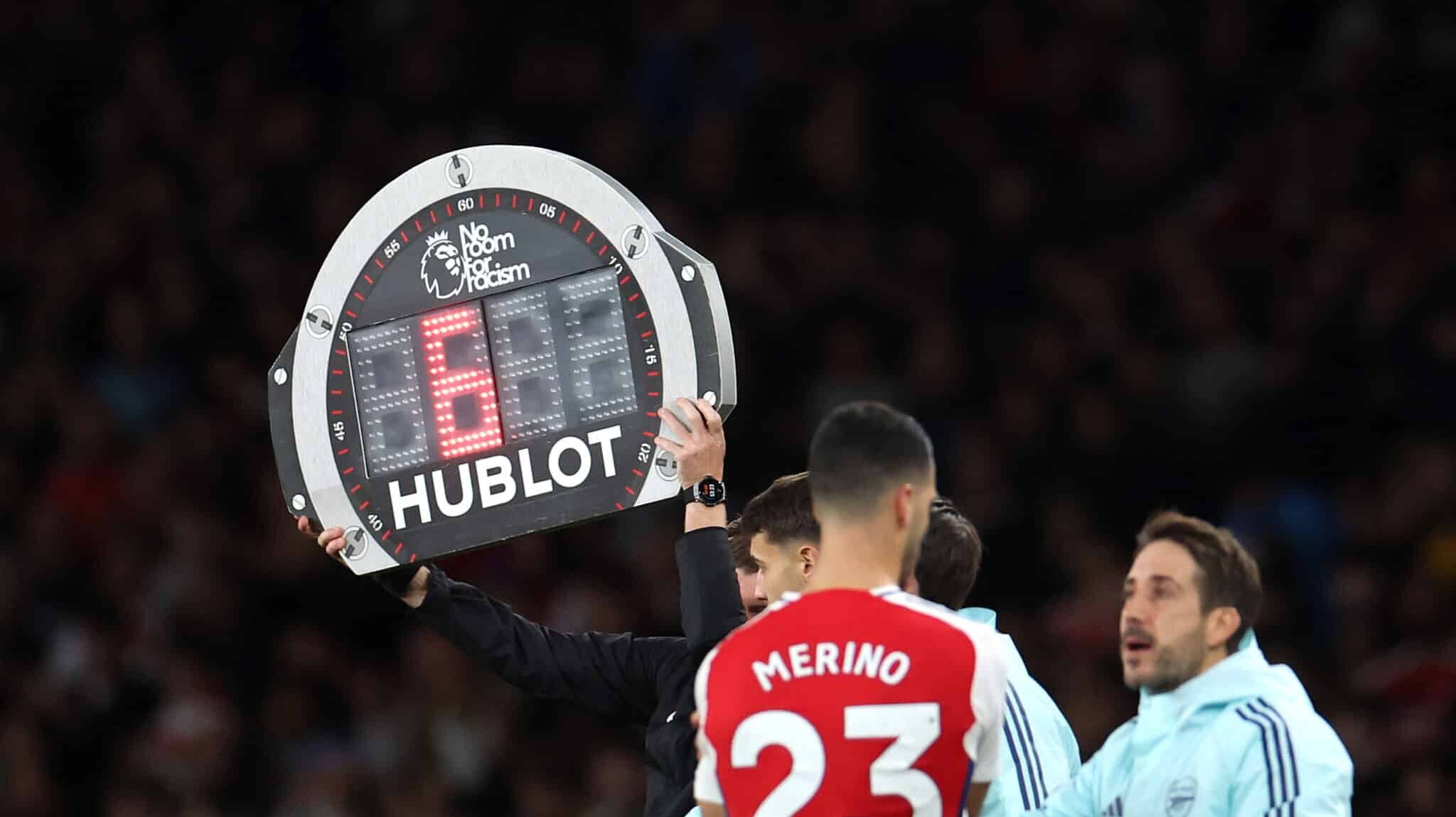 The No room for racism logo on the substitute board during the Premier League match between Arsenal FC and Liverpool FC at Emirates Stadium on October 27, 2024 in London, England.
