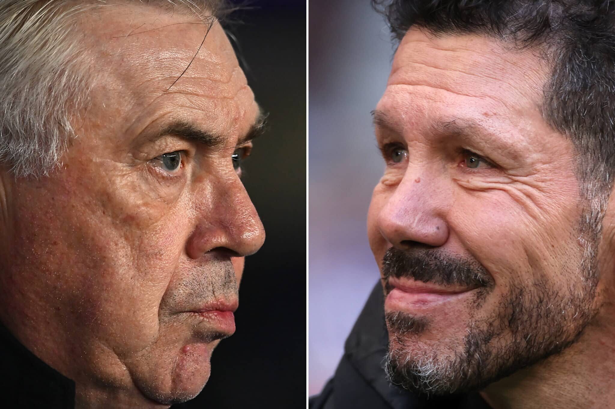 Real Madrid head coach Carlo Ancelotti (L) and Diego Simeone, Head Coach of Atletico de Madrid. Real Madrid and Atletico de Madrid meet in the Madrid Derby in a La Liga fixture on February 8,2025 at the Estadio Santiago Bernabeu in Madrid, Spain.
