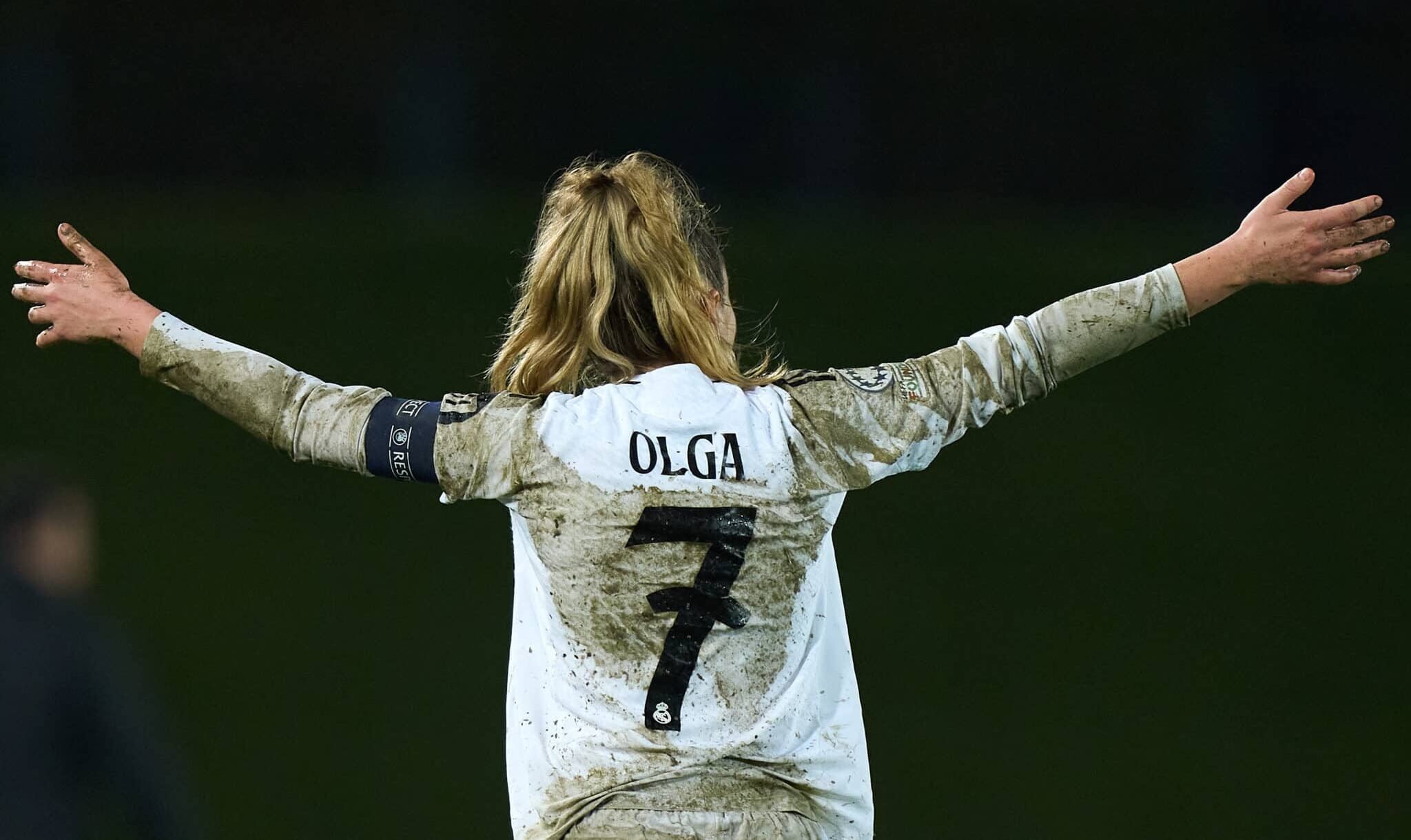 Olga Carmona of Real Madrid reacts during the UEFA Women's Champions League Quarter Finals First Leg match between Real Madrid CF and Arsenal FC at Estadio Alfredo Di Stefano on March 18, 2025 in Madrid, Spain.