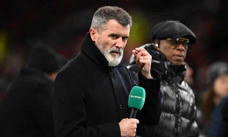 TV pundits Roy Keane and Ian Wright are seen pitch side prior to the Emirates FA Cup Fourth Round match between Manchester United and Leicester City at Old Trafford on February 07, 2025 in Manchester, England.