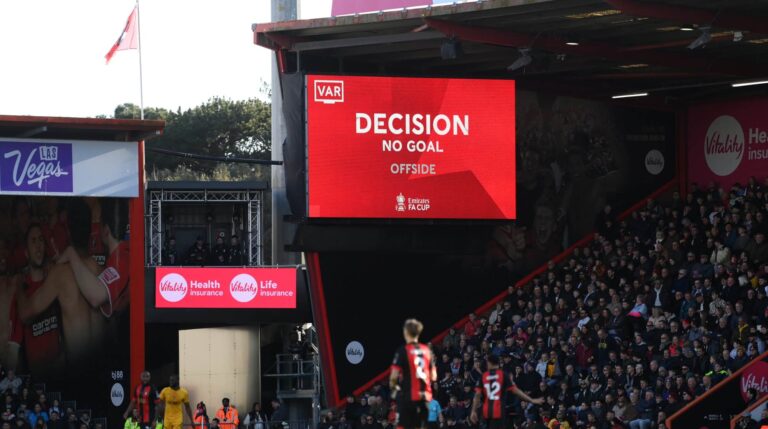 The LED screen displays a message from VAR which reads "Decision, no goal, offside " during the Emirates FA Cup Fifth Round match between AFC Bournemouth and Wolverhampton Wanderers at Vitality Stadium on March 01, 2025 in Bournemouth, England.