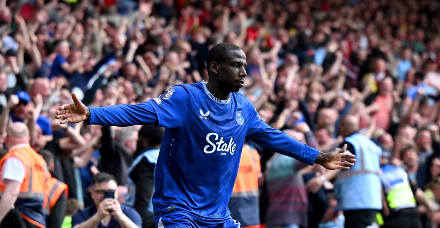 Abdoulaye Doucoure of Everton celebrates scoring his team's first goal during the Premier League match between Nottingham Forest FC and Everton FC at City Ground on April 12, 2025 in Nottingham, England.