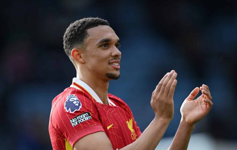 Trent Alexander-Arnold of Liverpool acknowledges the fans after the Premier League match between Leicester City FC and Liverpool FC at The King Power Stadium on April 20, 2025 in Leicester, England.