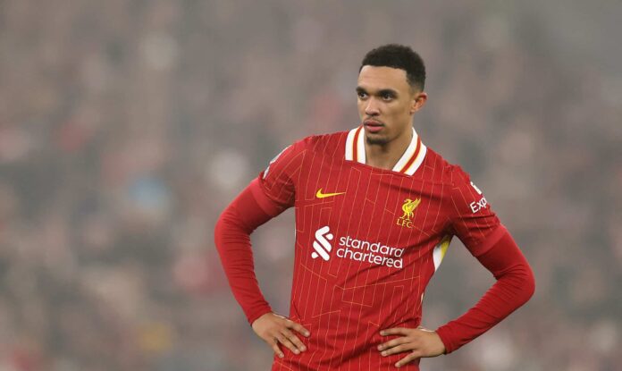 Trent Alexander-Arnold of Liverpool in action during the Premier League match between Liverpool FC and Leicester City FC at Anfield on December 26, 2024 in Liverpool, England.