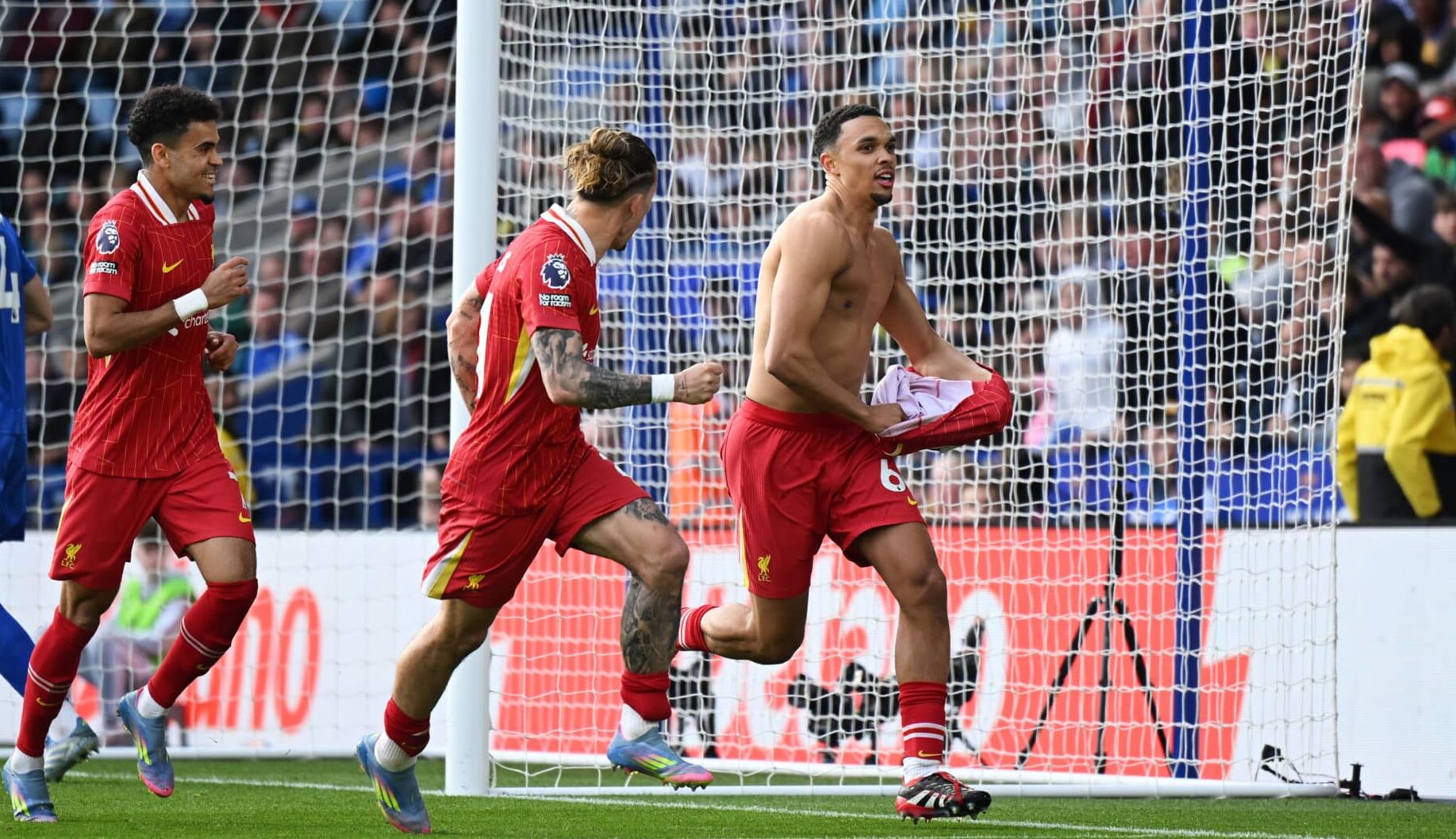 Trent Alexander-Arnold of Liverpool celebrates scoring his team's first goal during the Premier League match between Leicester City FC and Liverpool FC at The King Power Stadium on April 20, 2025 in Leicester, England.
