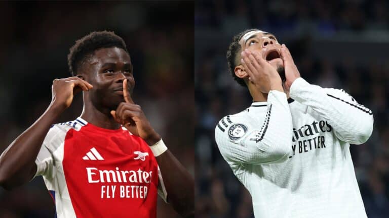 Arsenal attacker Bukayo Saka and Real Madrid midfielder Jude Bellingham playing in the Champions League.