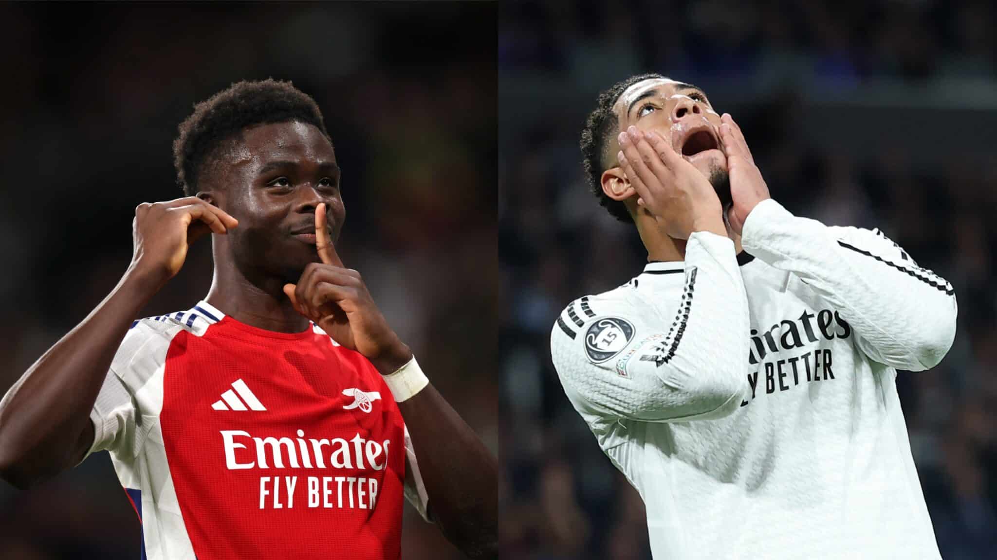 Arsenal attacker Bukayo Saka and Real Madrid midfielder Jude Bellingham playing in the Champions League.