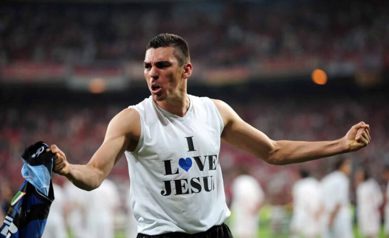 Inter Milan defender Lúcio celebrates his team victory at the end of the UEFA Champions League Final match between FC Bayern Munich and Inter Milan at the Estadio Santiago Bernabeu on May 22, 2010 in Madrid, Spain.
