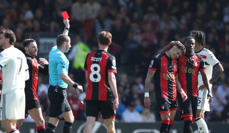 Bournemouth player Evanilson receives a red card from referee Peter Bankes during the Premier League match between AFC Bournemouth and Manchester United FC at Vitality Stadium on April 27, 2025 in Bournemouth, England.