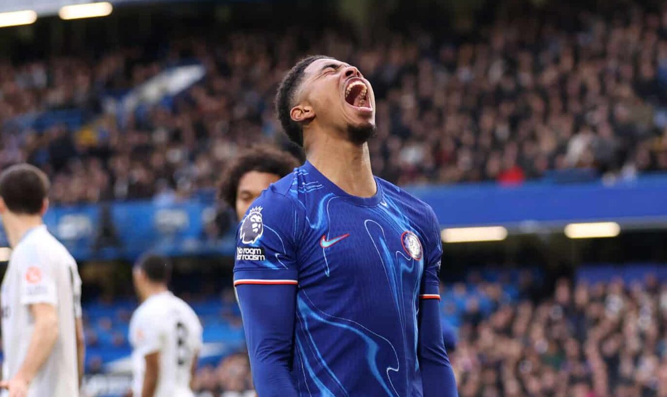 Wesley Fofana of Chelsea reacts during the Premier League match between Chelsea FC and Aston Villa FC at Stamford Bridge on December 01, 2024 in London, England.