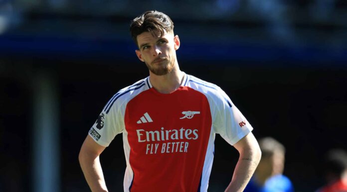 Declan Rice of Arsenal looks on during the Premier League match between Everton FC and Arsenal FC at Goodison Park on April 05, 2025 in Liverpool, England.