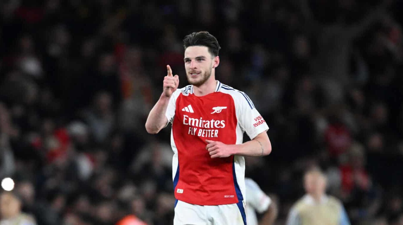 Declan Rice of Arsenal celebrates scoring his team's second goal during the UEFA Champions League 2024/25 Quarter Final First Leg match between Arsenal FC and Real Madrid C.F. at Emirates Stadium on April 08, 2025 in London, England.