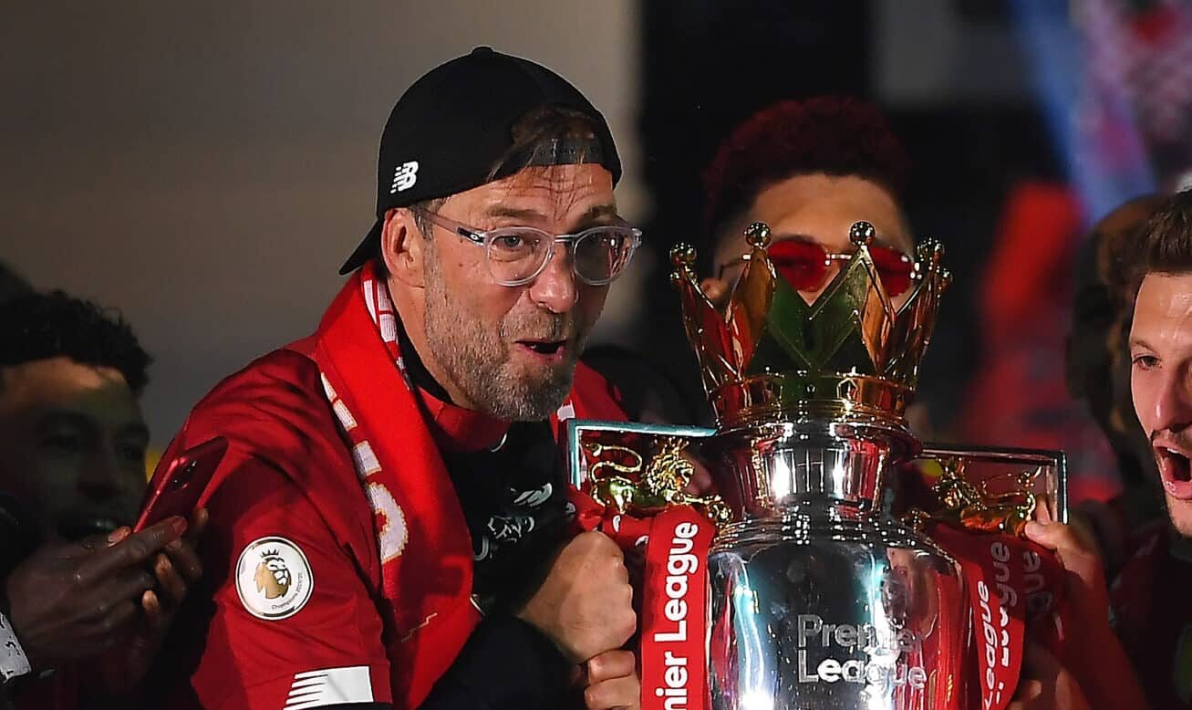 Former Liverpool manager Jurgen Klopp holds the Premier League Trophy celebrate winning the League Title during the presentation ceremony of the Premier League match between Liverpool FC and Chelsea FC at Anfield on July 22, 2020 in Liverpool, England.