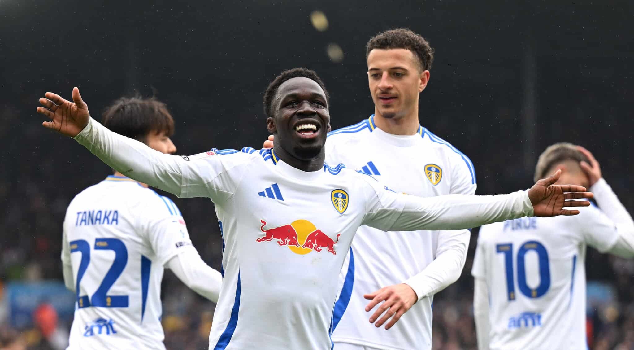 Wilfried Gnonto of Leeds United celebrates scoring his team's sixth goal during the Sky Bet Championship match between Leeds United FC and Stoke City FC at Elland Road on April 21, 2025 in Leeds, England.