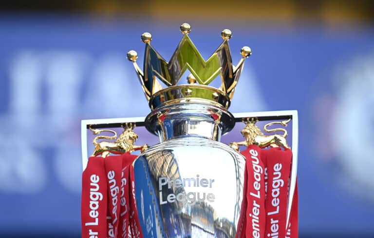 Liverpool - A detailed view of the Premier League trophy is seen prior to the Premier League match between Chelsea and Liverpool at Stamford Bridge on September 20, 2020 in London, England.