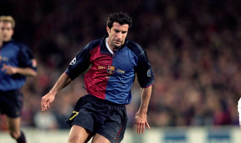 Luis Figo of Barcelona in action during the UEFA Champions League quarter-final second leg against Chelsea at the Nou Camp in Barcelona, Spain. Barcelona won the match 5-1.