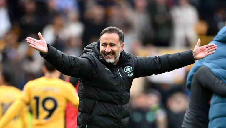 Vitor Pereira, Manager of Wolves, celebrates victory following the Premier League match between Wolverhampton Wanderers FC and Tottenham Hotspur FC at Molineux on April 13, 2025 in Wolverhampton, England.