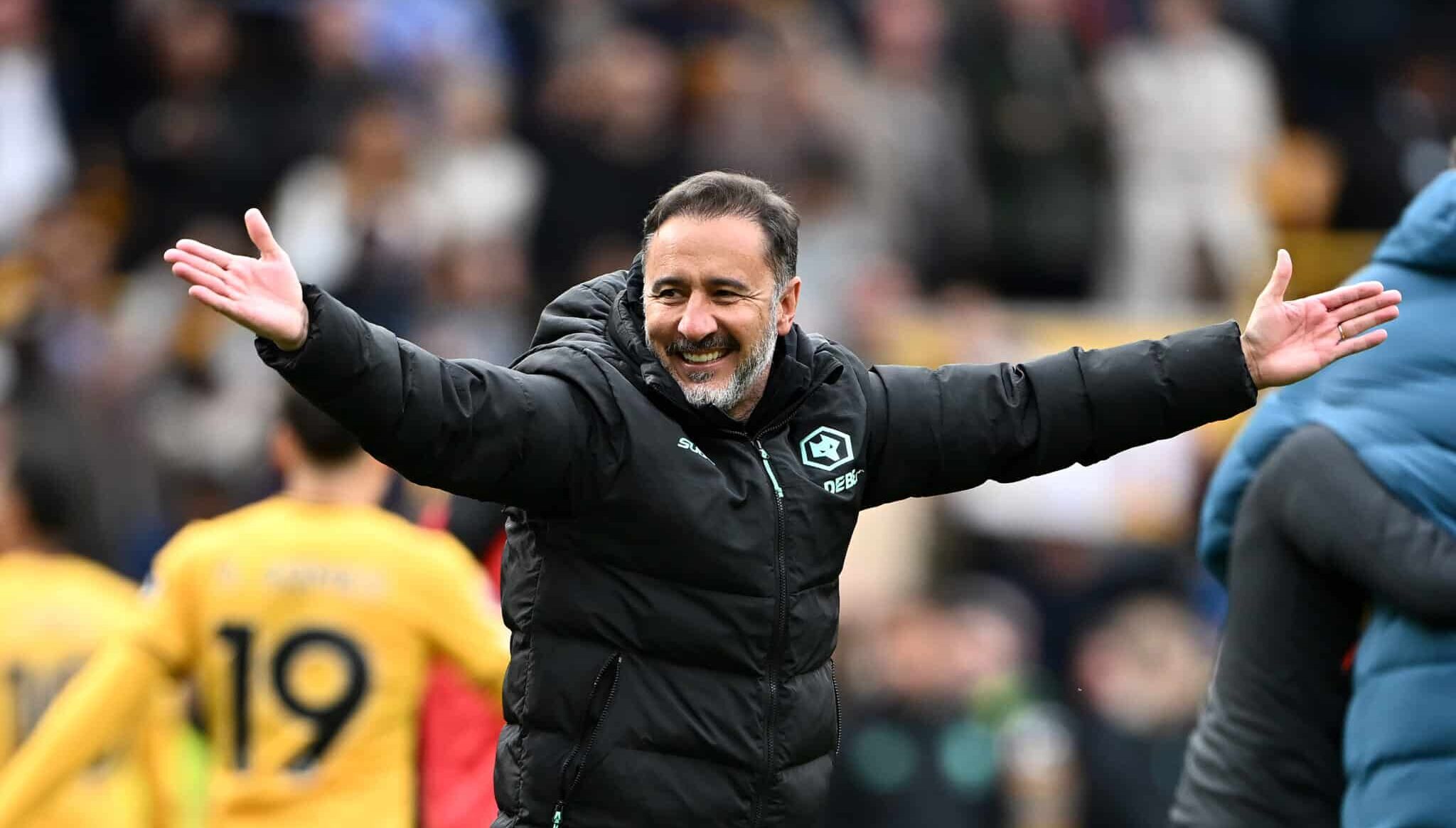 Vitor Pereira, Manager of Wolves, celebrates victory following the Premier League match between Wolverhampton Wanderers FC and Tottenham Hotspur FC at Molineux on April 13, 2025 in Wolverhampton, England.