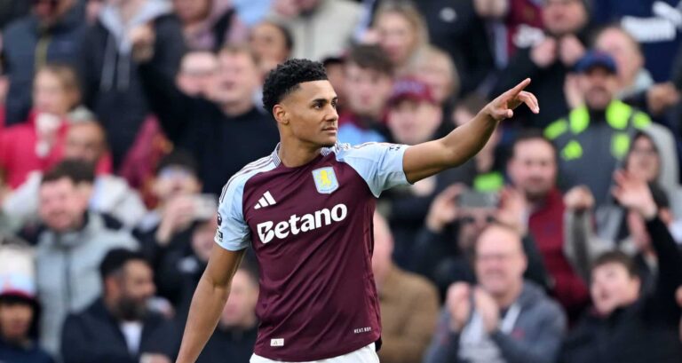 Ollie Watkins of Aston Villa celebrates scoring his team's first goal during the Premier League match between Aston Villa FC and Newcastle United FC at Villa Park on April 19, 2025 in Birmingham, England.