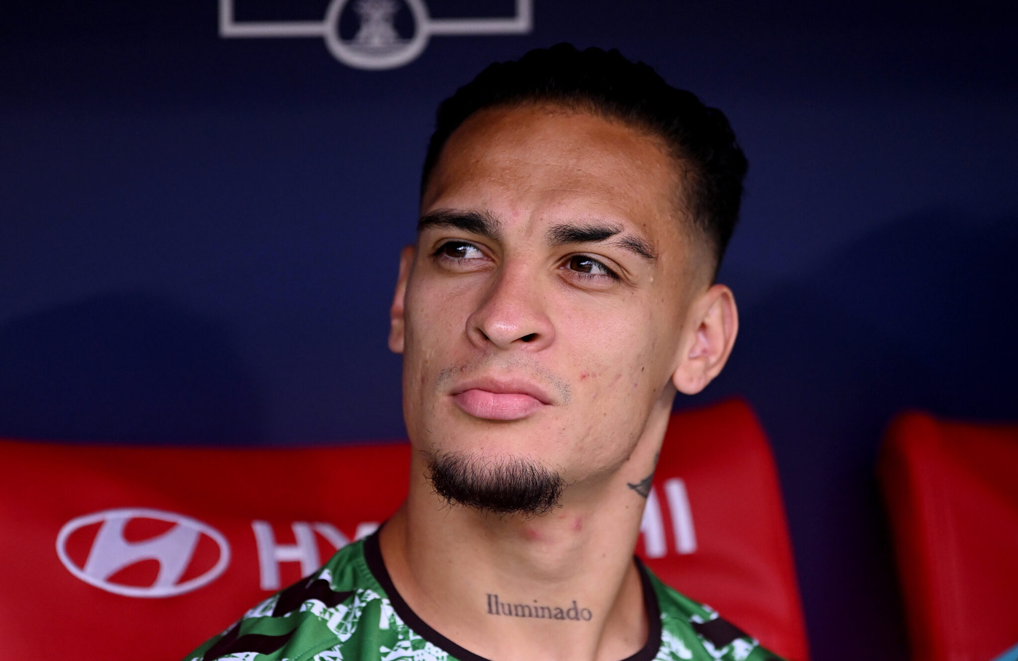 Antony of Real Betis looks on from the bench prior to the La Liga EA Sports match between Atletico de Madrid and Real Betis Balompie at Riyadh Air Metropolitano on May 18, 2025 in Madrid, Spain.