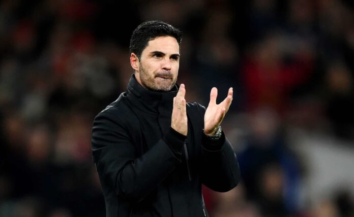 Mikel Arteta, Manager of Arsenal, applauds the fans after the team's victory in the Premier League match between Arsenal FC and Liverpool FC at Emirates Stadium on February 04, 2024 in London, England.