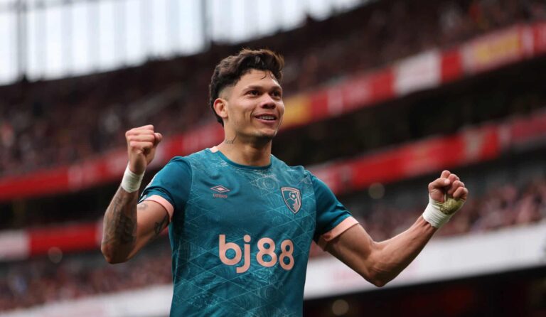 Bournemouth player Evanilson celebrates scoring his team's second goal during the Premier League match between Arsenal FC and AFC Bournemouth at Emirates Stadium on May 03, 2025 in London, England.