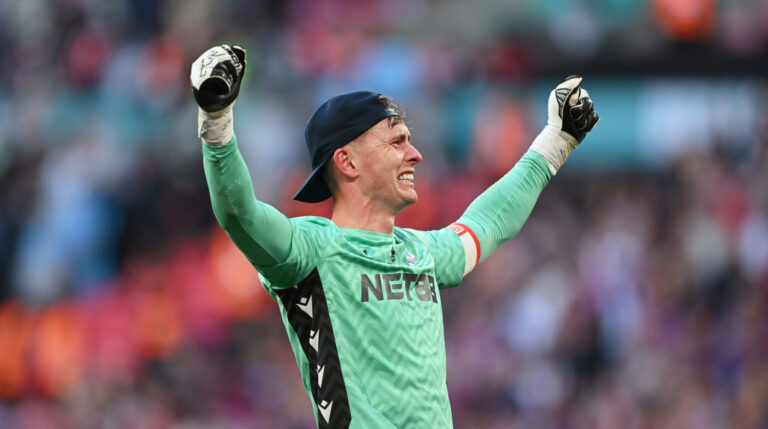 Dean Henderson of Crystal Palace celebrates victory following the Emirates FA Cup Final match between Crystal Palace and Manchester City at Wembley Stadium on May 17, 2025 in London, England.