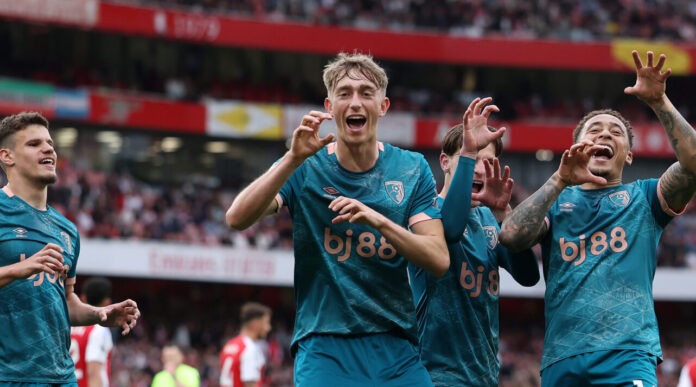 Dean Huijsen of AFC Bournemouth celebrates scoring his team's first goal with teammates during the Premier League match between Arsenal FC and AFC Bournemouth at Emirates Stadium on May 03, 2025 in London, England.