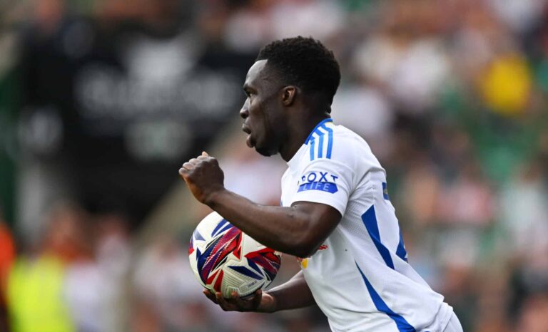 Wilfried Gnonto of Leeds United celebrates scoring his team's first goal during the Sky Bet Championship match between Plymouth Argyle FC and Leeds United FC at Home Park on May 03, 2025 in Plymouth, England.