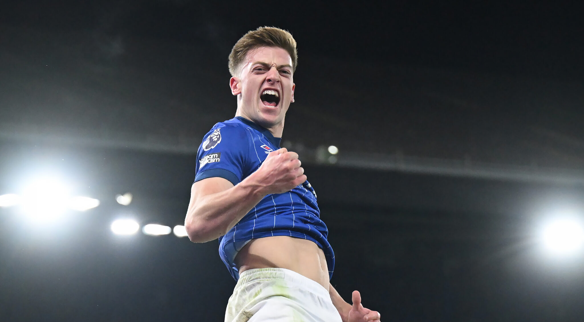 Liam Delap of Ipswich Town celebrates scoring his team's first goal from a penalty kick during the Premier League match between Ipswich Town FC and Chelsea FC at Portman Road on December 30, 2024 in Ipswich, England.