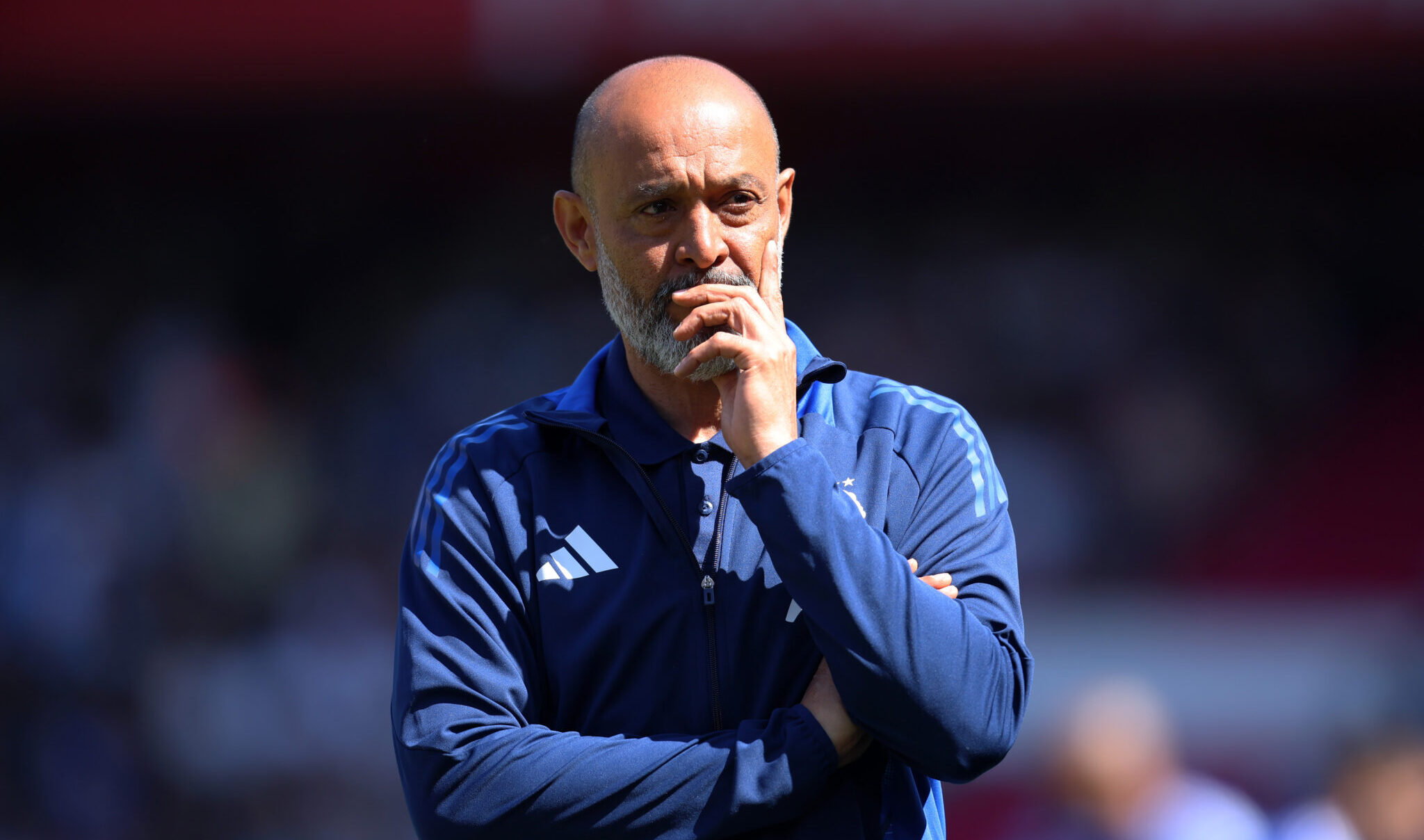 Nuno Espirito Santo, Manager of Nottingham Forest, looks on prior to the Premier League match between Nottingham Forest FC and Leicester City FC at City Ground on May 11, 2025 in Nottingham, England.