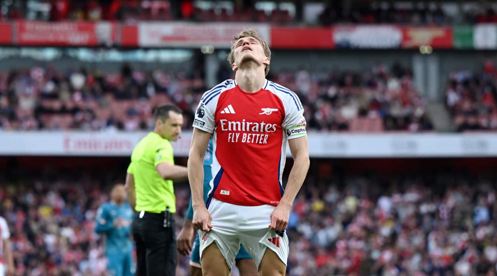 Martin Odegaard of Arsenal reacts during the Premier League match between Arsenal FC and AFC Bournemouth at Emirates Stadium on May 03, 2025 in London, England.