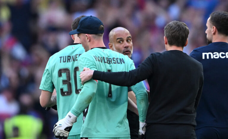 Pep Guardiola, Manager of Manchester City, clashes with Dean Henderson of Crystal Palace and Oliver Glasner, Manager of Crystal Palace, following the Emirates FA Cup Final match between Crystal Palace and Manchester City at Wembley Stadium on May 17, 2025 in London, England.