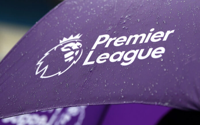 A detailed view of the Premier League logo is seen on an umbrella prior to the Premier League match between Manchester City and Aston Villa at Etihad Stadium on October 26, 2019 in Manchester, United Kingdom.