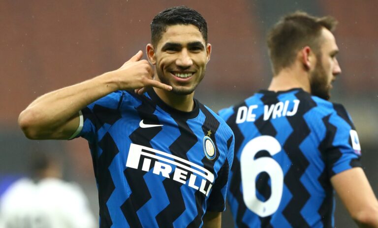 PSG player Achraf Hakimi celebrates after scoring for Inter Milan during the Serie A match between FC Internazionale and Spezia Calcio at Stadio Giuseppe Meazza on December 20, 2020 in Milan, Italy.