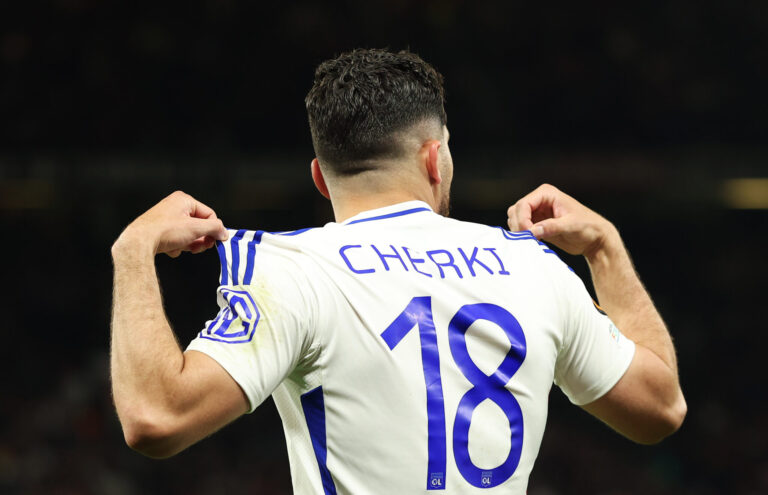 Rayan Cherki of Lyon celebrates scoring his team's third goal during the UEFA Europa League 2024/25 Quarter Final Second Leg match between Manchester United and Olympique Lyonnais at Old Trafford on April 17, 2025 in Manchester, England.