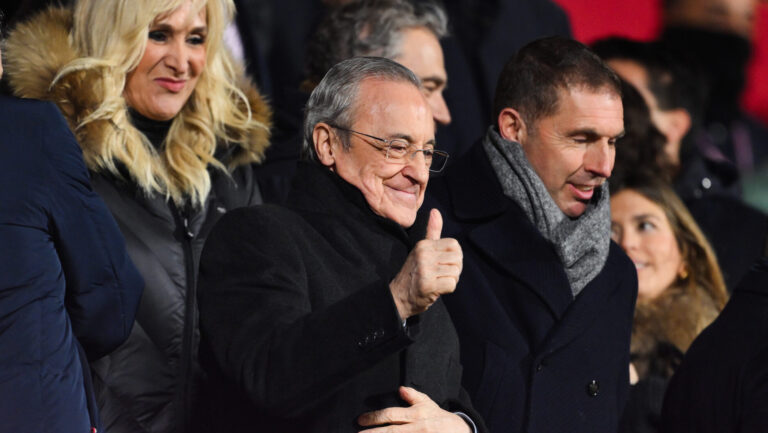 Real Madrid president Florentino Perez acknowledges the fans prior to the LaLiga match between Girona FC and Real Madrid CF at Montilivi Stadium on December 07, 2024 in Girona, Spain.