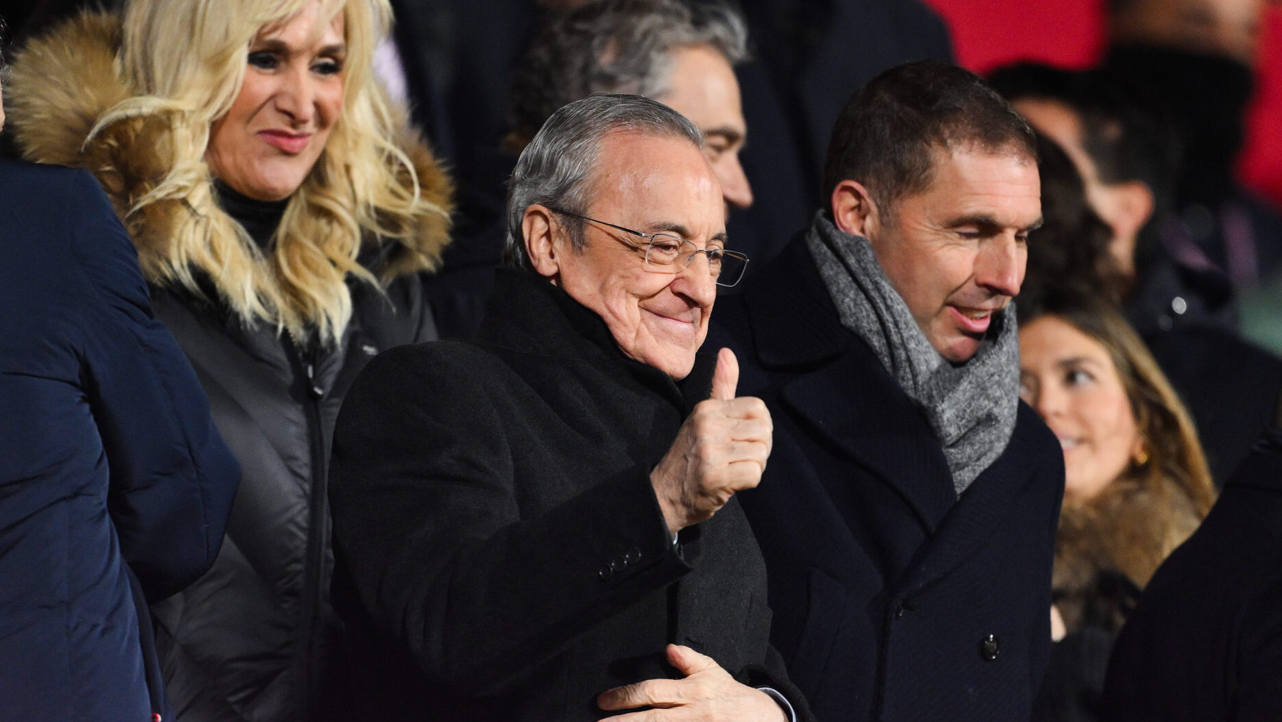 Real Madrid president Florentino Perez acknowledges the fans prior to the LaLiga match between Girona FC and Real Madrid CF at Montilivi Stadium on December 07, 2024 in Girona, Spain.