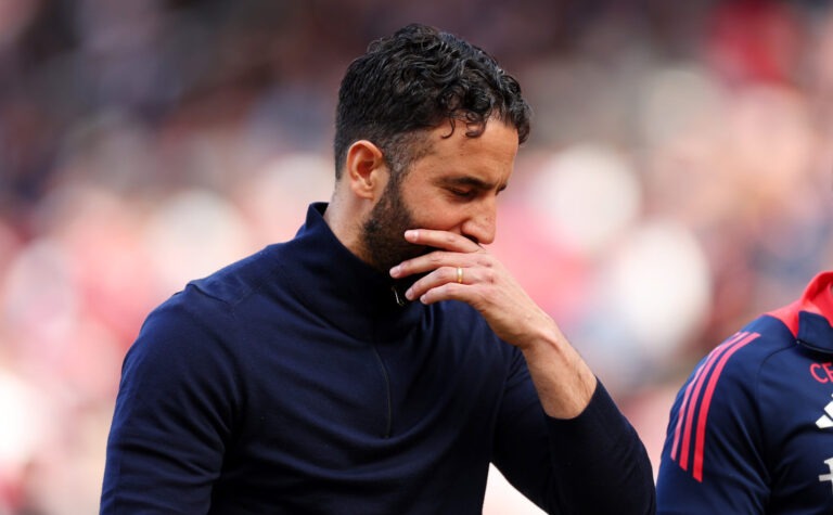 Premier League - Ruben Amorim, Manager of Man United, reacts during the Premier League match between Manchester United FC and West Ham United FC at Old Trafford on May 11, 2025 in Manchester, England.