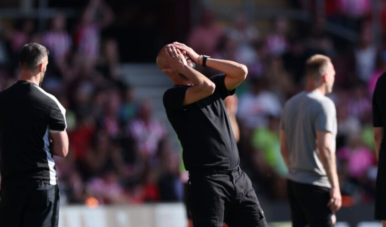 Pep Guardiola, Manager of Man City, reacts during the Premier League match between Southampton FC and Manchester City FC at St Mary's Stadium on May 10, 2025 in Southampton, England.