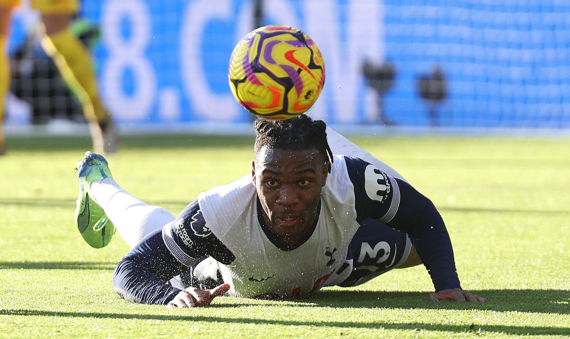 Tottenham Hotspur player Destiny Udogie is tackled during the Premier League match between Crystal Palace FC and Tottenham Hotspur FC at Selhurst Park on October 27, 2024 in London, England.