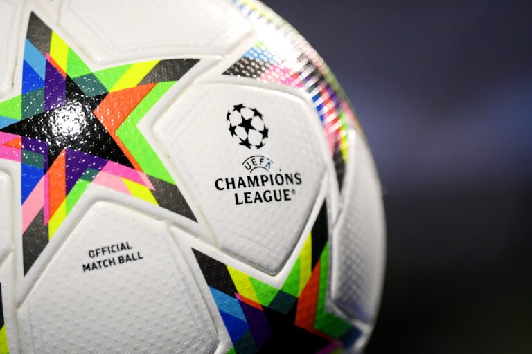 PSG vs Inter Milan - A detailed view of the UEFA Champions League logo on the Adidas Match Ball prior to kick off of the UEFA Champions League final between Paris Saint-Germain and Internazionale at Stadion Maksimir on October 11, 2022 in Zagreb, Croatia.